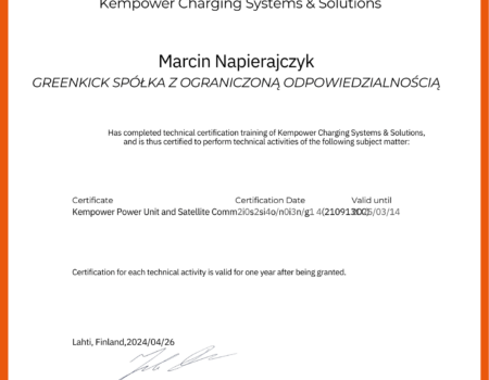Certificate Kempower Power Unit and Satellite Commissioning for Greenkick