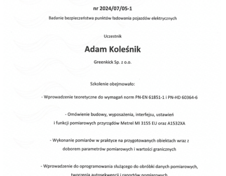 Certyfikat METREL - Adam Koleśnik
