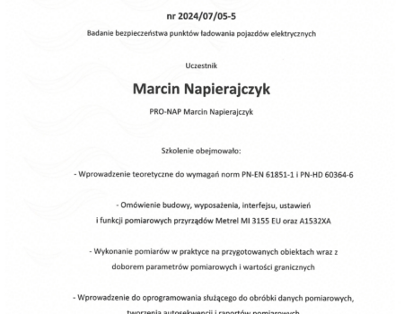 Certyfikat METREL - Marcin Napierajczyk
