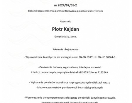 Certyfikat METREL - Piotr Kajdan