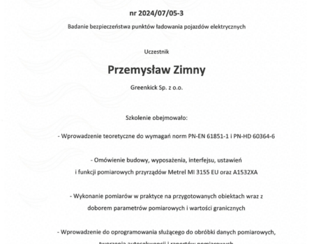 Certyfikat METREL - Przemysław Zimny