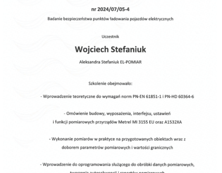 Certyfikat METREL - Wojciech Stefaniuk