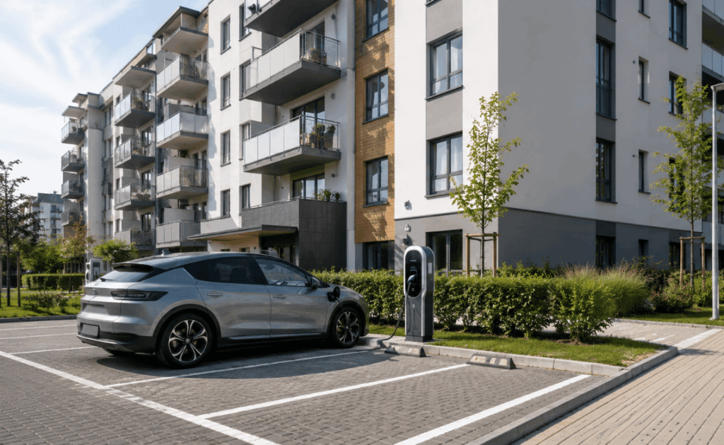 Czy parking obok bloku jest częścią budynku Kluczowa kwestia przy montażu stacji ładowania samochodu elektrycznego - BLOG - Greenkick