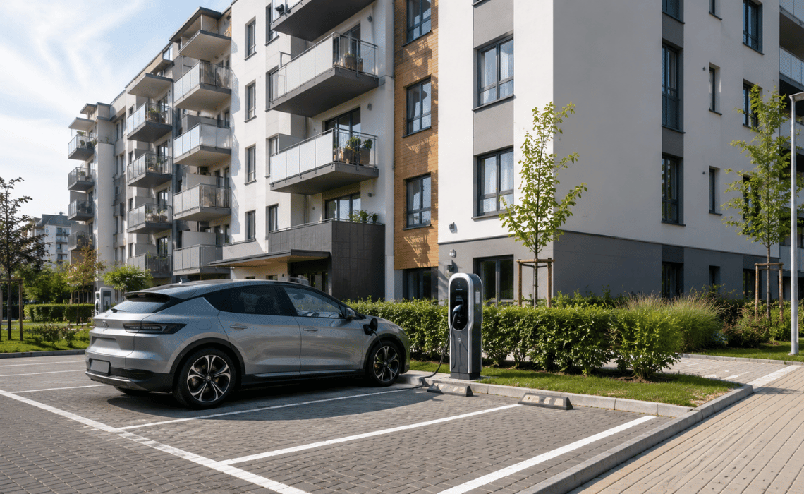Czy parking obok bloku jest częścią budynku Kluczowa kwestia przy montażu stacji ładowania samochodu elektrycznego - BLOG - Greenkick