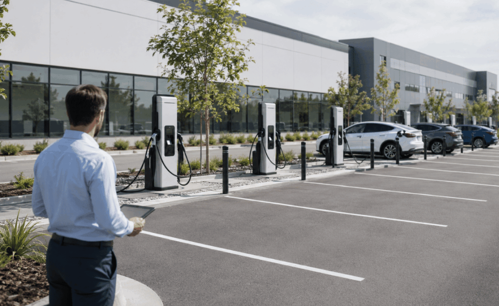 Stacja ładowania samochodów elektrycznych na parkingu firmowym - BLOG - Greenkick